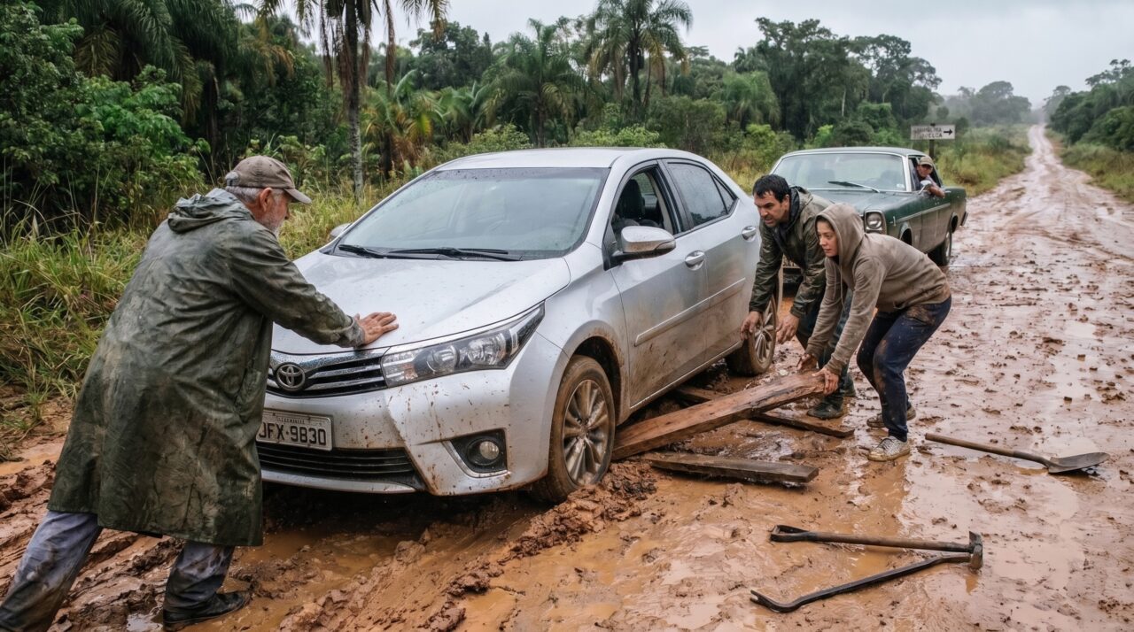 Depois de errar a saída de uma rodovia, aposentado segue uma estrada secundária por 40 quilômetros e termina ajudando uma família cujo carro estava atolado havia horas sem sinal de celular