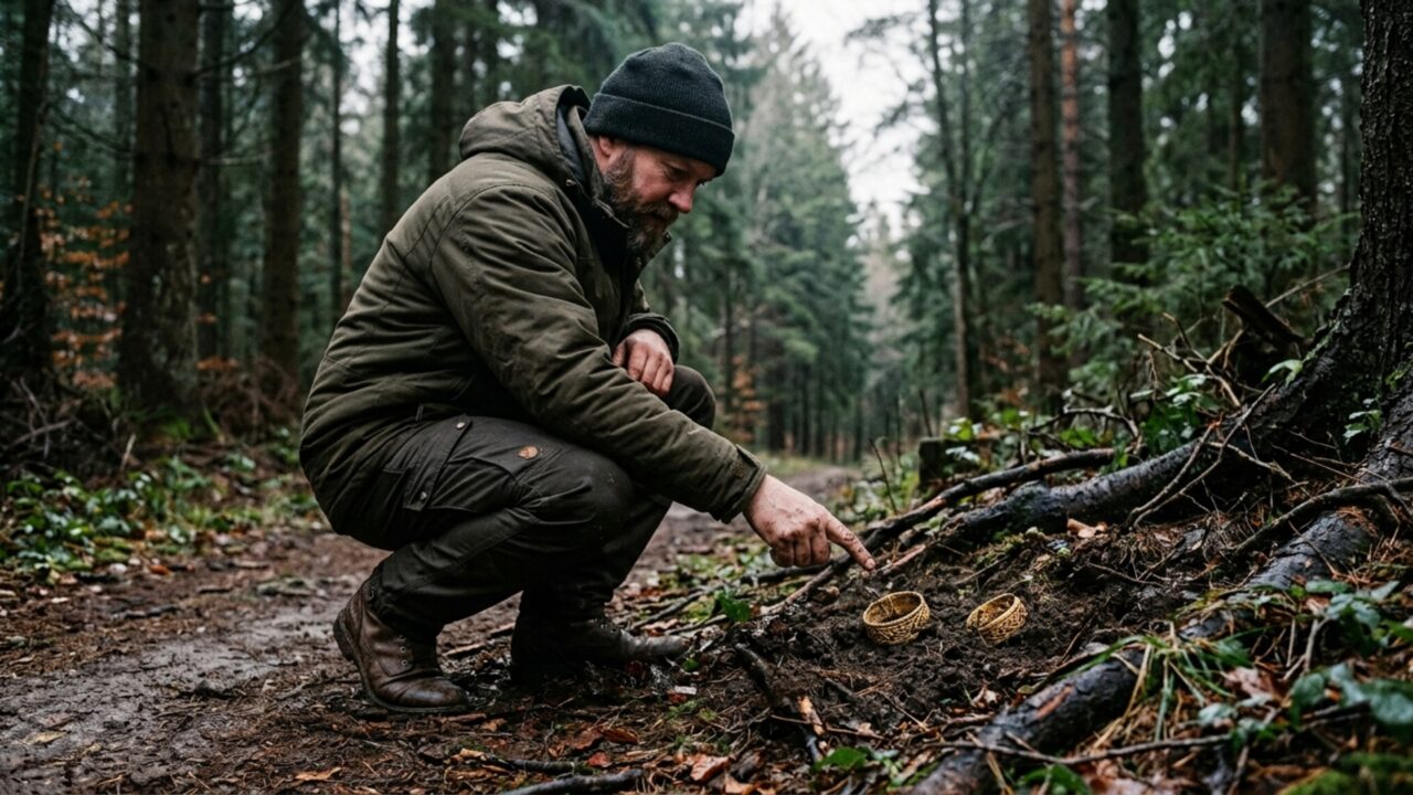 Um morador viu dois anéis dourados soltos numa trilha de floresta, achou estranho, avisou o museu, e a escavação que veio depois recolheu seis braceletes vikings somando 762,5 gramas de ouro no mesmo ponto
