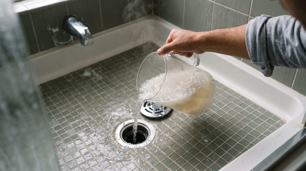 Ação da mistura de água quente e sal grosso no Ralo do Chuveiro para limpeza de canos.