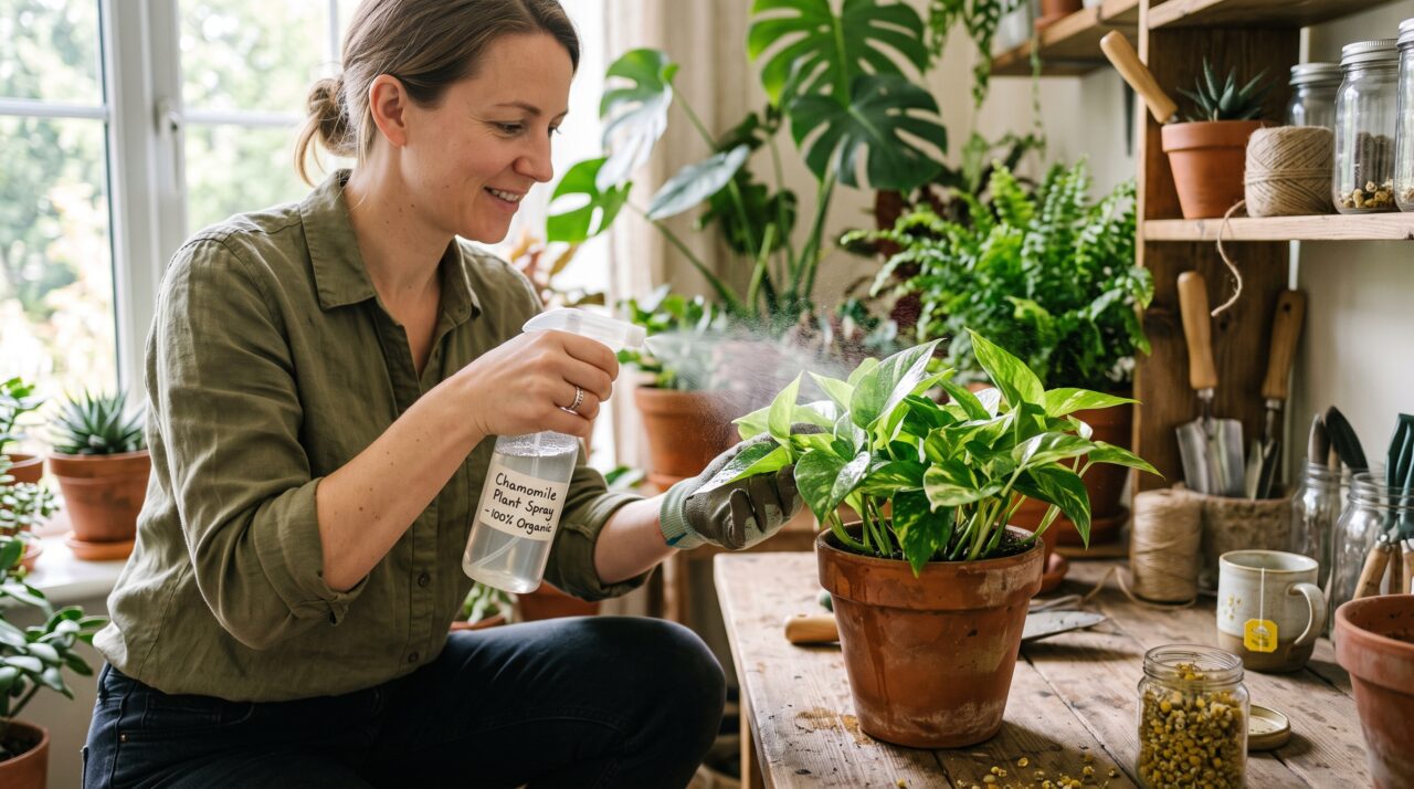 Uso de chá de camomila frio como fungicida natural e abrilhantador para plantas de interior