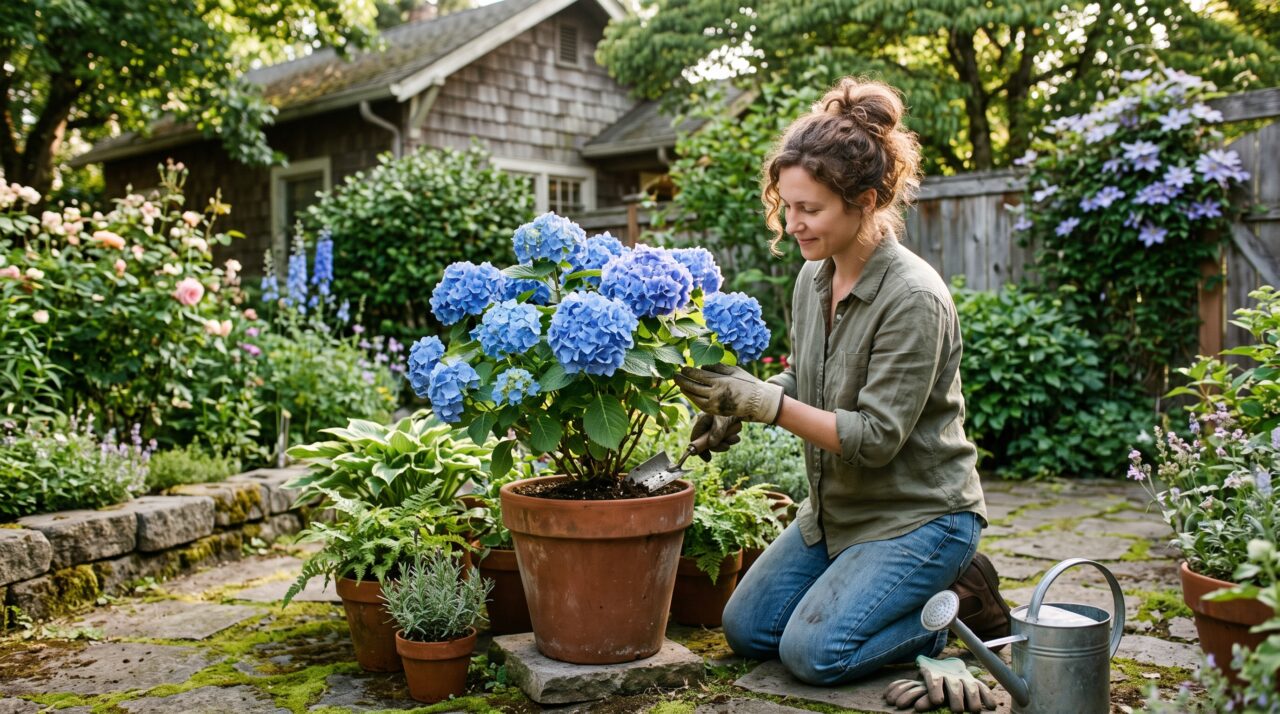 Uso de palha de aço no solo de hortênsias para alterar a cor e aumentar o tamanho das flores.
