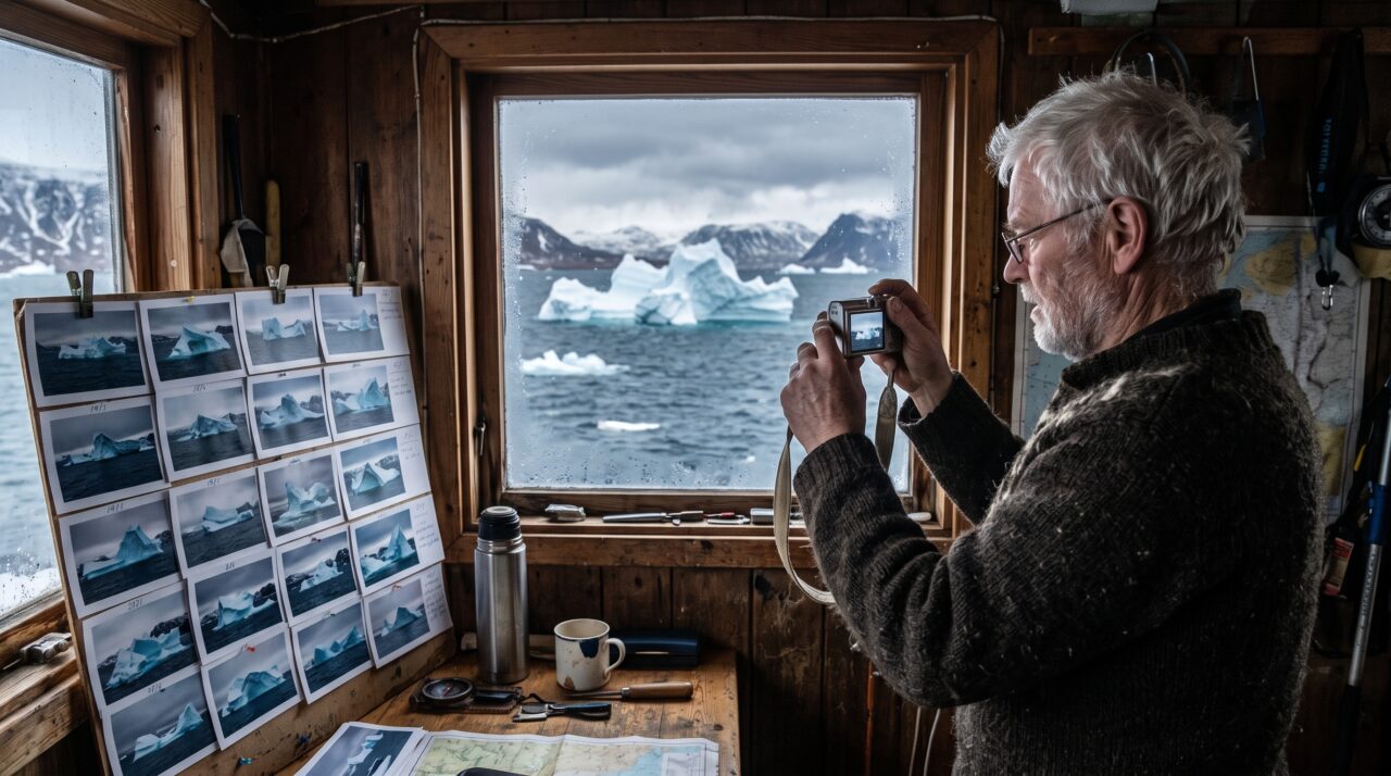Pescador aposentado decide viver sozinho num barco ancorado perto da Islândia e passa a fotografar icebergs que mudam de posição diariamente diante da janela da cabine