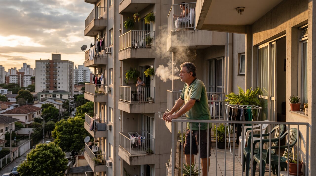 Morador fuma na varanda todos os dias e a fumaça invade constantemente a sala do apartamento de cima, vizinho alega problemas respiratórios na família e exige a proibição amparado nas regras do direito de vizinhança