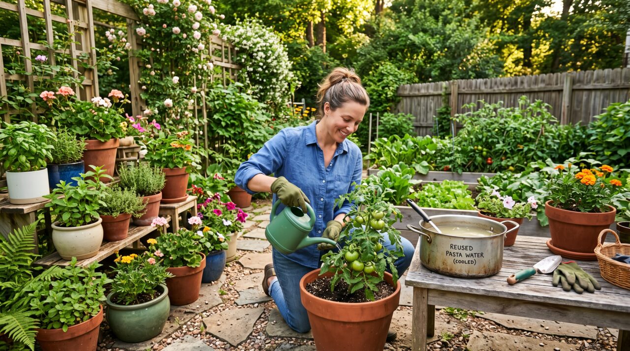 Dicas para reaproveitar a água do cozimento de legumes nas plantas do jardim.