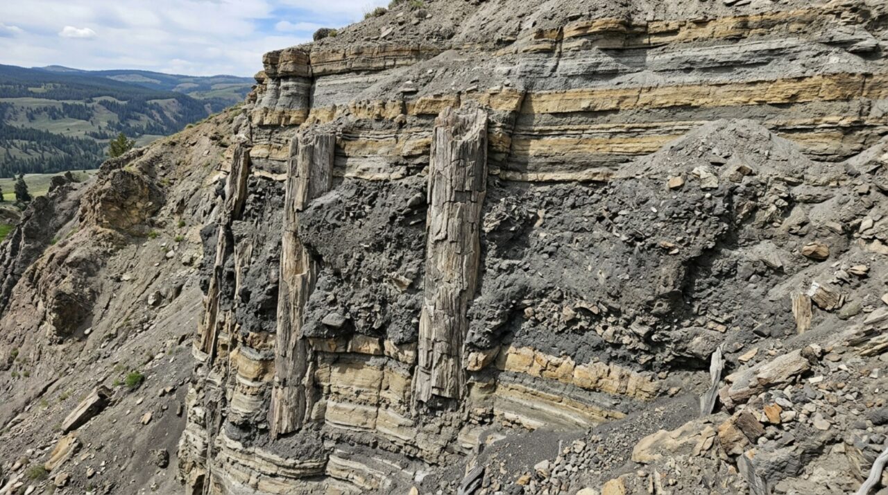 A imagem mostra como lahars e sedimentos vulcânicos soterraram árvores das florestas fossilizadas de Yellowstone, iniciando o processo que mais tarde transformou a madeira em pedra