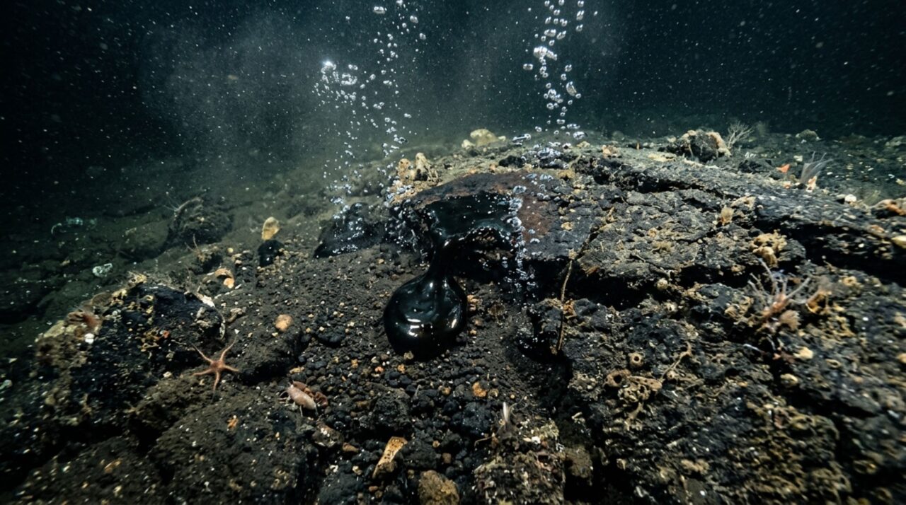 O processo do asfalto submarino começa com a extrusão de hidrocarboneto muito viscoso, que perde componentes mais leves e se solidifica no leito oceânico
