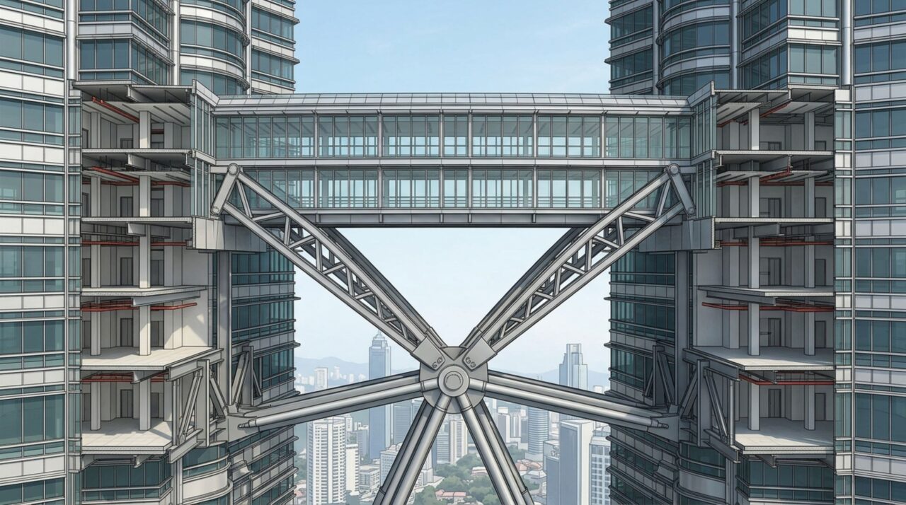 A imagem destaca como a skybridge das Torres Petronas é apoiada por grandes pernas estruturais e conexões capazes de acompanhar pequenos movimentos independentes dos dois edifícios