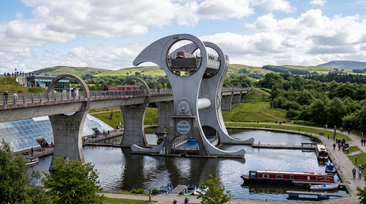 Substituindo um complexo sistema de onze eclusas, este colossal elevador rotativo de barcos usa a força do deslocamento de água e consome a mesma energia de algumas chaleiras elétricas para erguer embarcações a 24 metros de altura