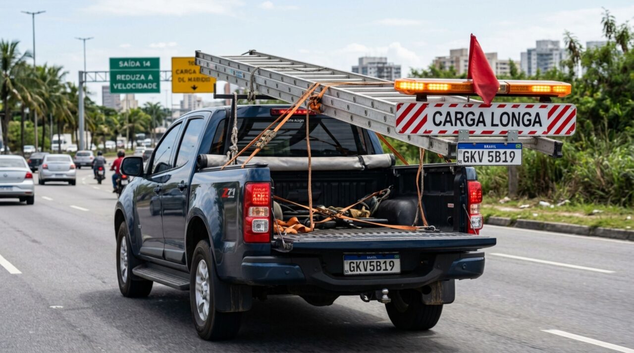 Motorista precisava transportar uma escada longa em uma caminhonete, ao tentar fechar a caçamba, percebe que a peça ultrapassa o compartimento, decide rodar com a tampa aberta e agentes explicam quando isso é permitido