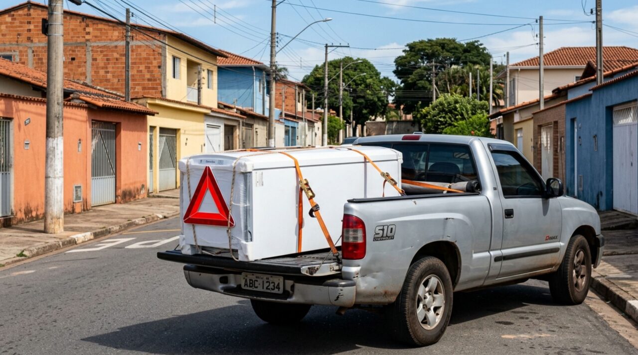 Motorista precisava transportar uma geladeira em uma caminhonete, ao colocá-la em pé, percebe que a carga ficou muito acima da caçamba, decide seguir viagem e fiscalização explica quais dimensões precisam ser respeitadas