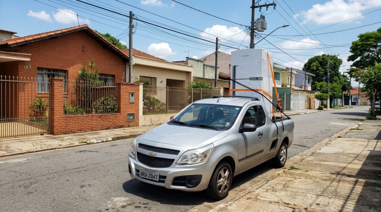 Motorista precisava transportar uma geladeira em uma caminhonete, ao colocá-la em pé, percebe que a carga ficou muito acima da caçamba, decide seguir viagem e fiscalização explica quais dimensões precisam ser respeitadas