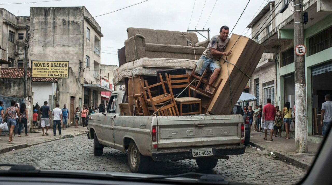 Motorista precisava levar móveis e um ajudante na mesma viagem, ao perceber que não havia lugar na cabine, decide colocar a pessoa na caçamba para segurar a carga e fiscalização explica o que o CTB prevê