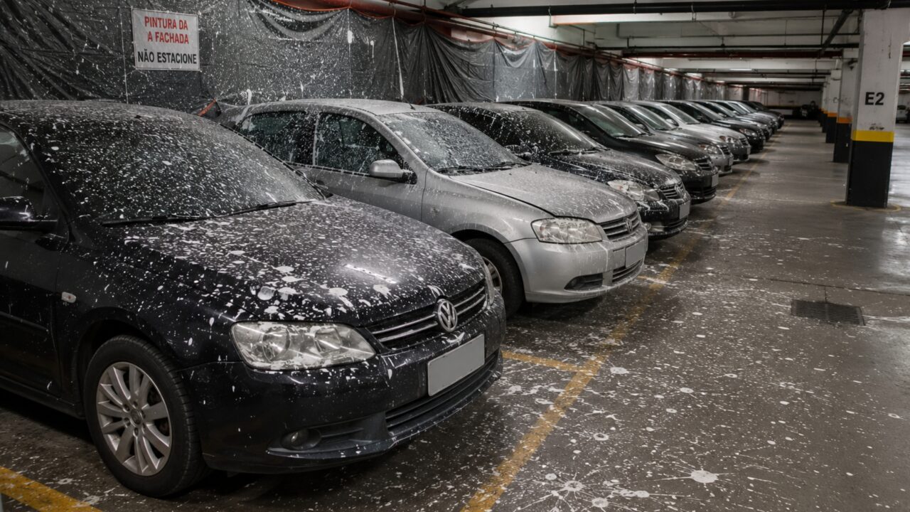 Pintura da fachada espalha respingos sobre 22 carros e condomínio afirma que moradores foram avisados para retirar os veículos