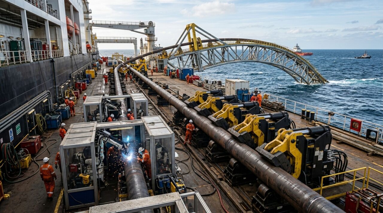 Detalhe da linha industrial de soldagem e lançamento de tubulações S-lay no convés do Pioneering Spirit
