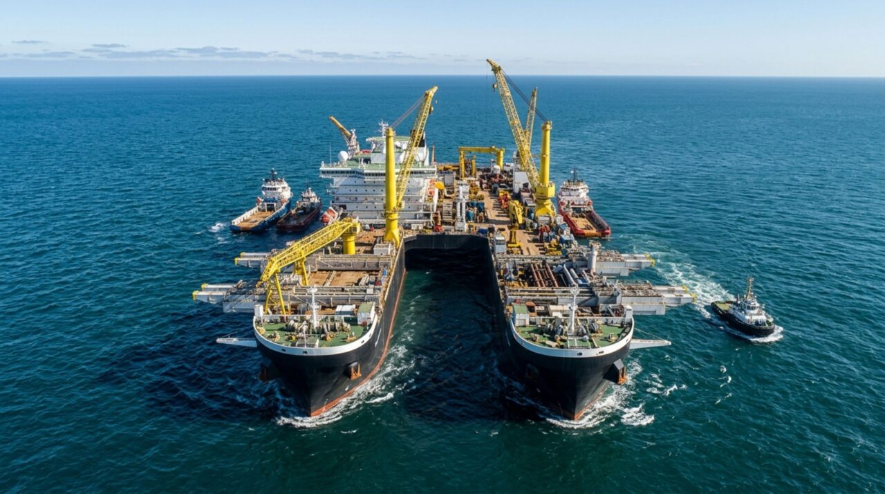 O navio colossal de 382 metros que possui uma enorme fenda no casco e instala tubulações no fundo do oceano