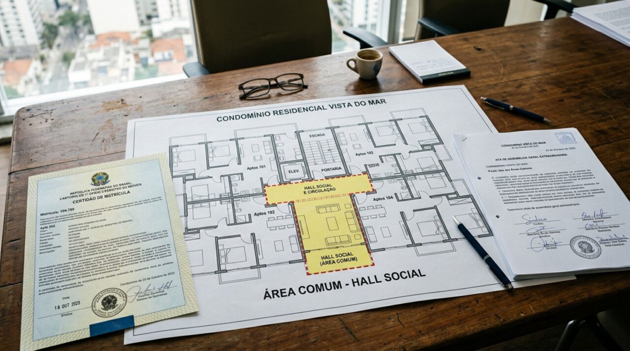 Casal fecha parte do hall com uma porta e usa o espaço como entrada particular por anos, mas troca de síndico leva à conferência da planta e condomínio exige que passagem volte ao formato original