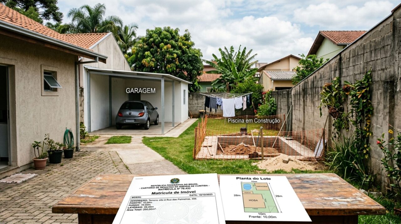Casal compra terreno para construir casa, termina a garagem e, ao medir espaço da piscina, descobre que uma das laterais é menor do que consta na matrícula, ao cobrar o vizinho, ele diz que sempre foi assim e não pagará pelo uso nem irá demolir nada
