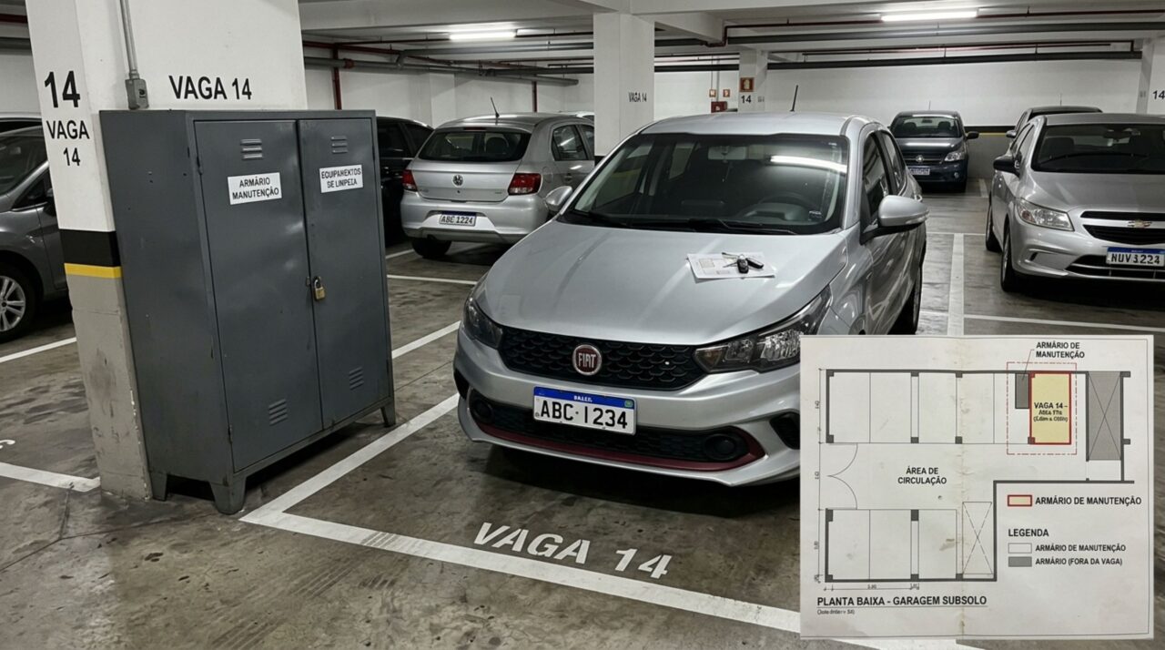 Morador instala armário fechado ao lado da vaga e utiliza o espaço por uma década, mas condomínio troca a administradora e planta da garagem revela que o local nunca pertenceu à unidade