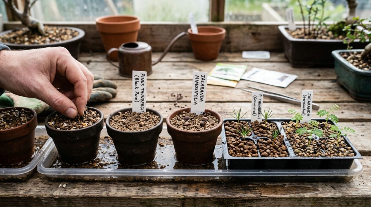 No kit para cultivar bonsai, a germinação é apenas a primeira etapa de um processo que pode levar anos até a árvore adquirir forma e estrutura de bonsai