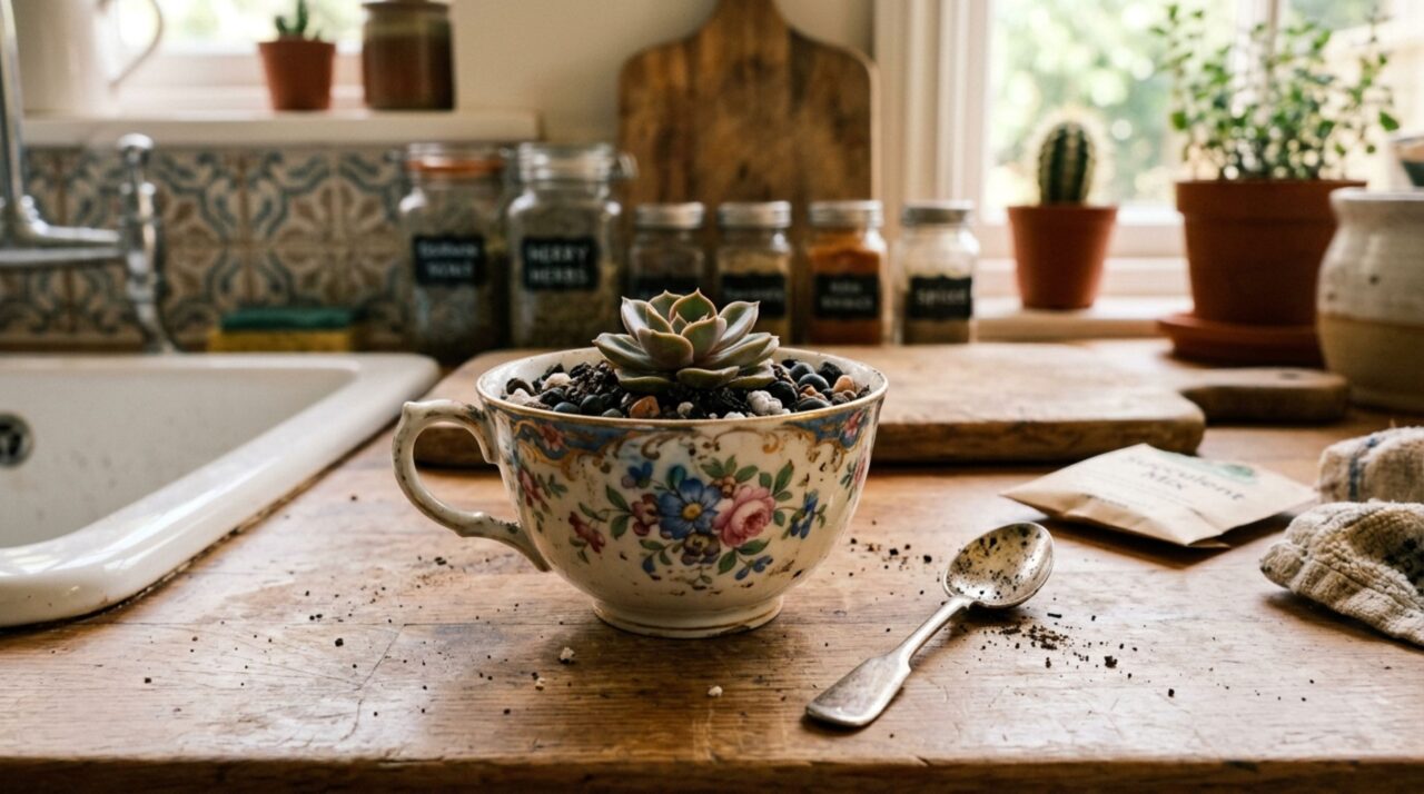 Como eu transformei xícaras antigas em vasinhos de suculentas para decorar a cozinha