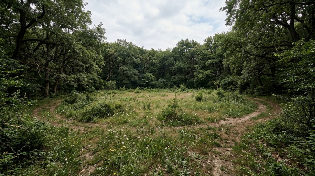 A Poiana Rotundă é uma clareira real dentro da Floresta Hoia Baciu, cercada por vegetação e frequentemente associada às lendas sobre o local