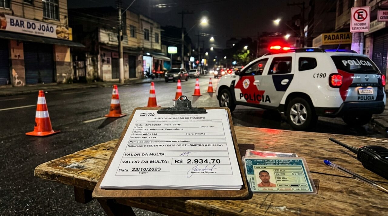 Motorista é parado em blitz, agente solicita teste do bafômetro, condutor se recusa e apresenta sinais registrados pela fiscalização, ele acredita que, sem soprar não pode haver outra prova, e agentes explicam o que pode ser considerado