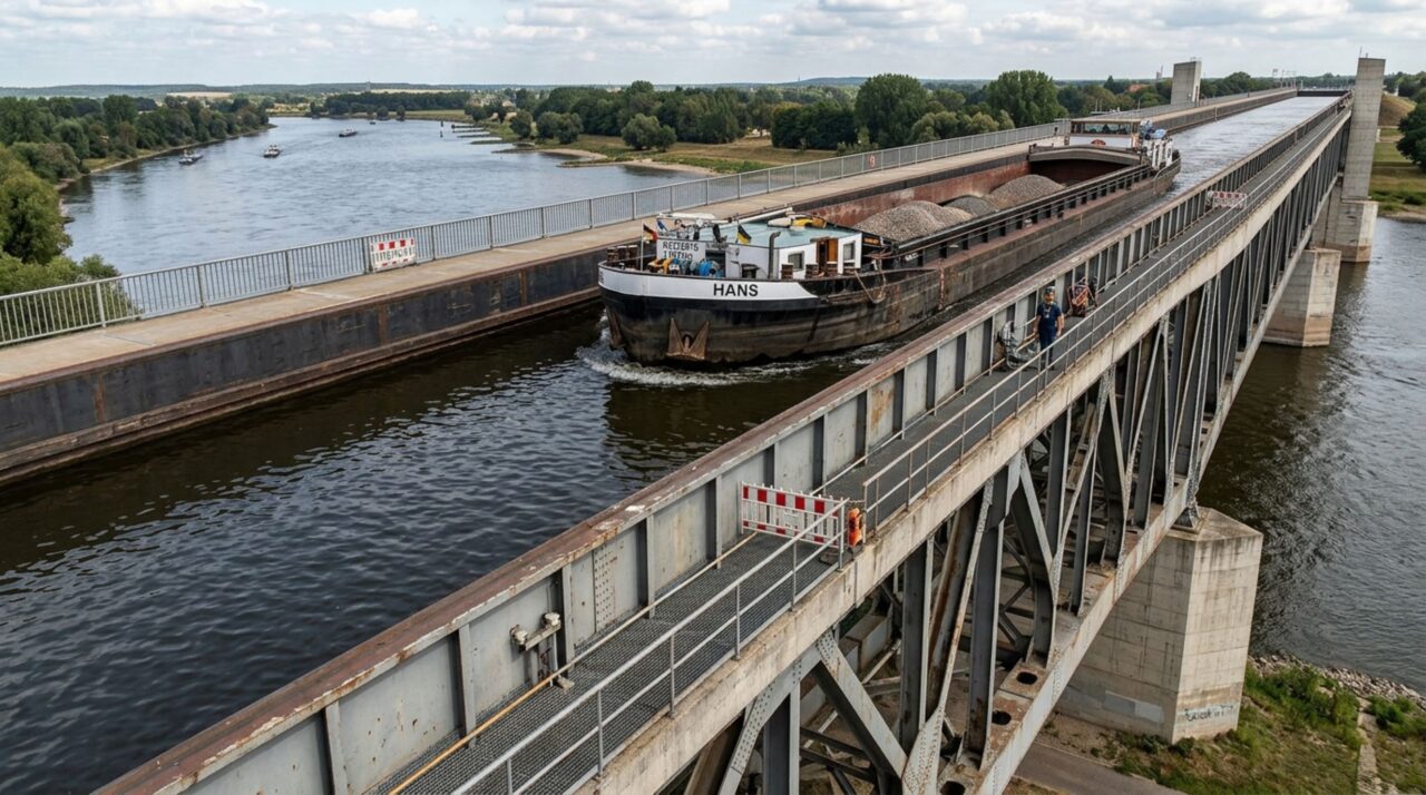 A calha da Ponte Aquífera de Magdeburgo sustenta continuamente a água do canal enquanto os navios flutuam e deslocam um volume equivalente ao próprio peso