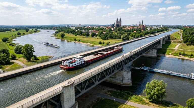 A Ponte Aquífera de Magdeburgo permite que embarcações atravessem o rio Elba mantendo-se no mesmo nível do canal elevado