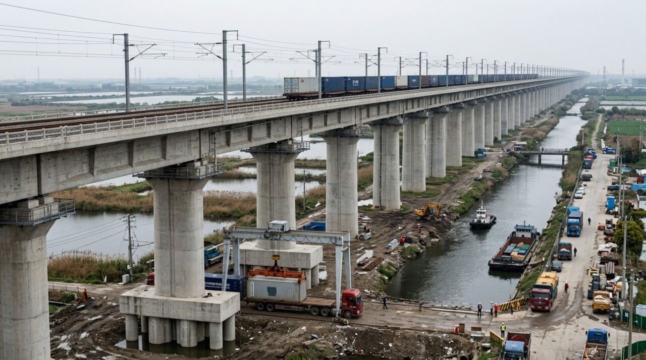 A estrutura da Ponte Danyang–Kunshan distribui as cargas por milhares de vãos e pilares, permitindo manter a ferrovia elevada sobre solos e obstáculos muito diferentes