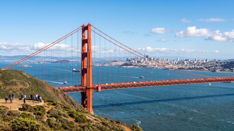 A cor da Ponte Golden Gate e a rede de proteção usada na sua construção.