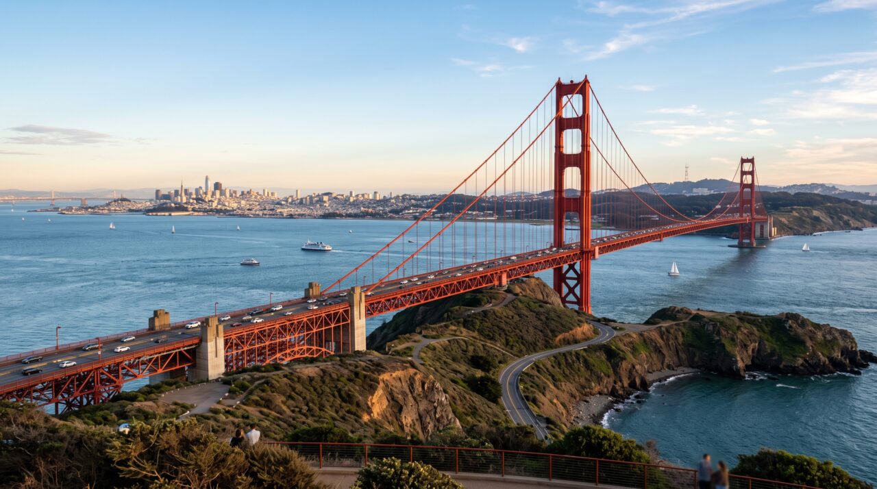 A cor da Ponte Golden Gate e a rede de proteção usada na sua construção.