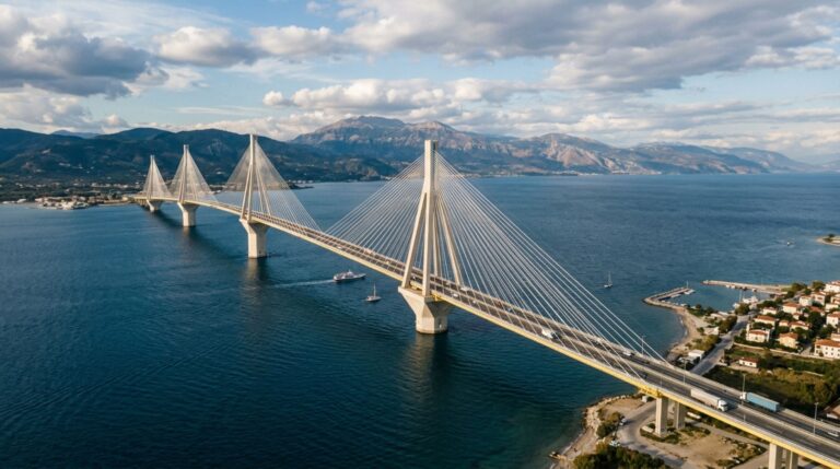Ponte Rio–Antirrio vista em perspectiva ampla sobre o estreito entre Rio e Antirrio, ponte estaiada de grande porte com tabuleiro contínuo suspenso por cabos em quatro pilares sobre água profunda, fotografia realista editorial de alto nível destacando a escala da travessia e a engenharia em ambiente marítimo complexo, sem texto, sem logotipos, sem marcas d’água.