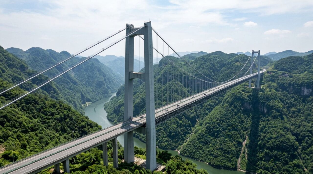 Suspensa quase 500 metros acima do fundo de um cânion, uma ponte chinesa exigiu uma solução tão incomum para iniciar sua montagem que um foguete foi usado para levar o primeiro cabo de uma margem até a outra