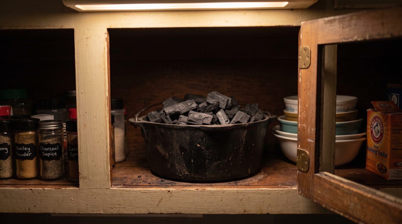 Colocar um pote com carvão vegetal ativado dentro do armário da cozinha à noite: o que acontece com a umidade e o cheiro de comida fechada enquanto você dorme