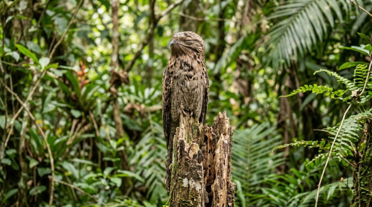 A ave fantasma que se camufla perfeitamente em troncos secos e abre uma boca gigantesca para engolir presas inteiras à noite