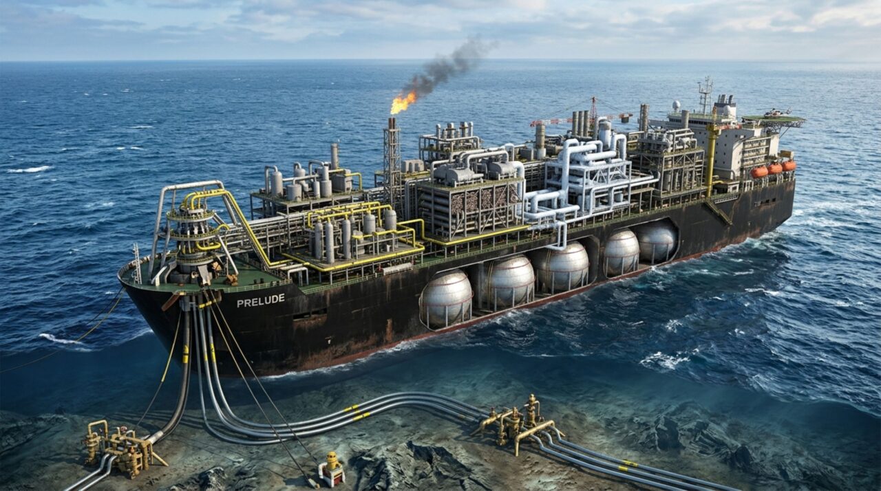 Na Prelude FLNG, o gás recebido dos poços submarinos é tratado, resfriado até cerca de -162 °C e armazenado como LNG antes da transferência para navios transportadores