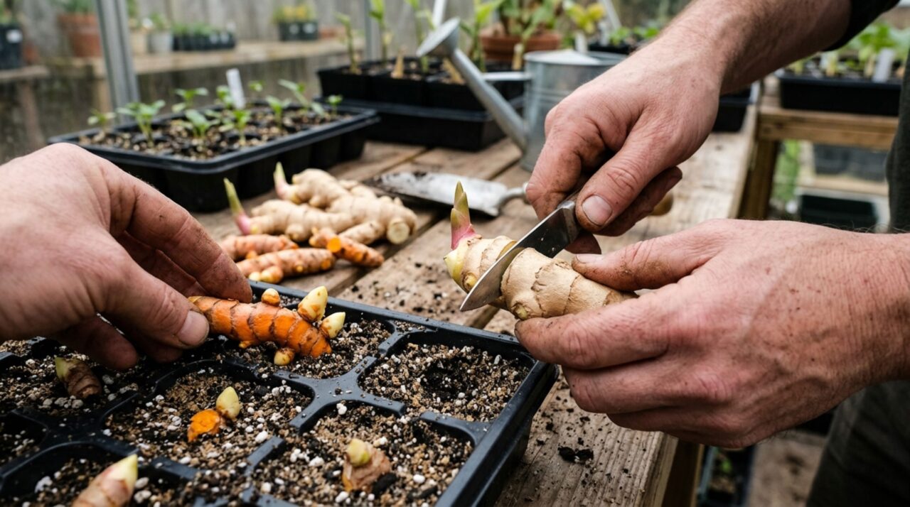 Na produção de mudas de gengibre e cúrcuma, a escolha de rizomas sadios e o controle da umidade determinam o sucesso da brotação