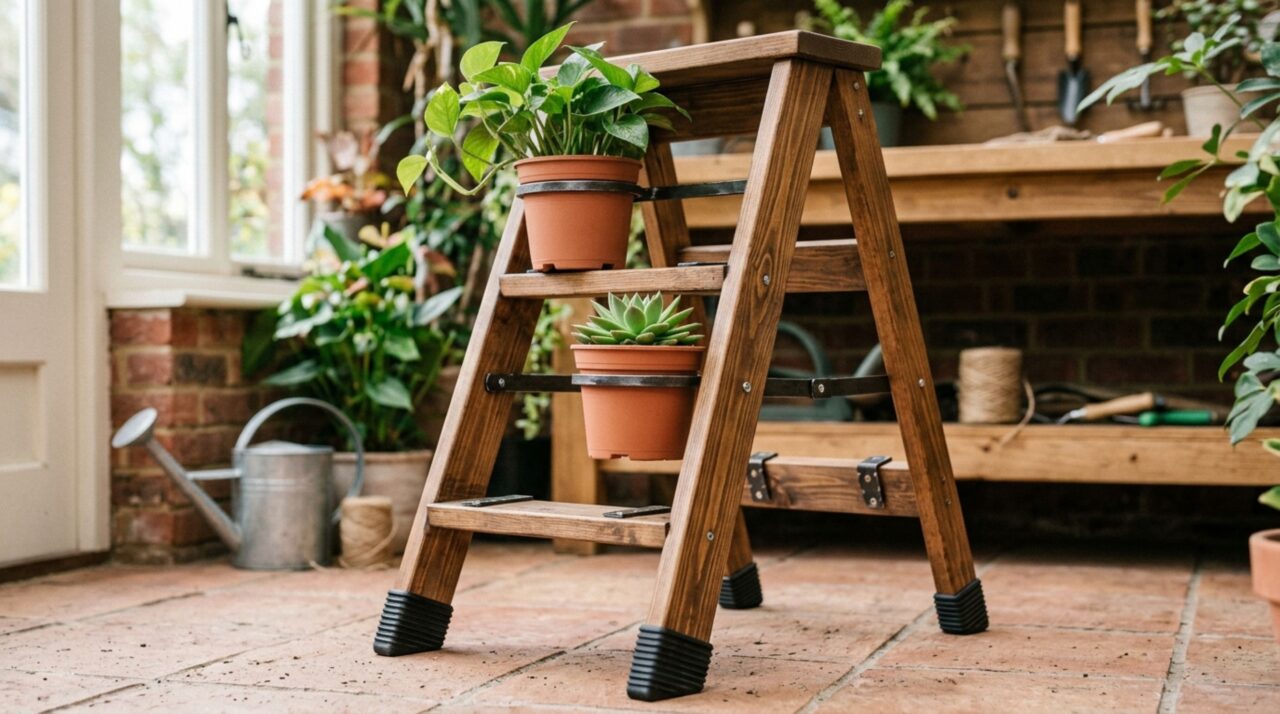 Como eu transformei uma escada de madeira velha em um jardim vertical para preencher a varanda com uma decoração com cara de projeto de paisagista