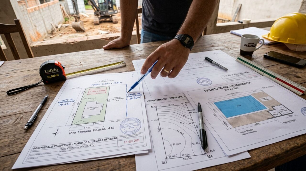 Família começa a construir piscina e descobre que muro do vizinho reduziu a largura do quintal, proprietário afirma que divisão sempre esteve naquele ponto e não irá mudar
