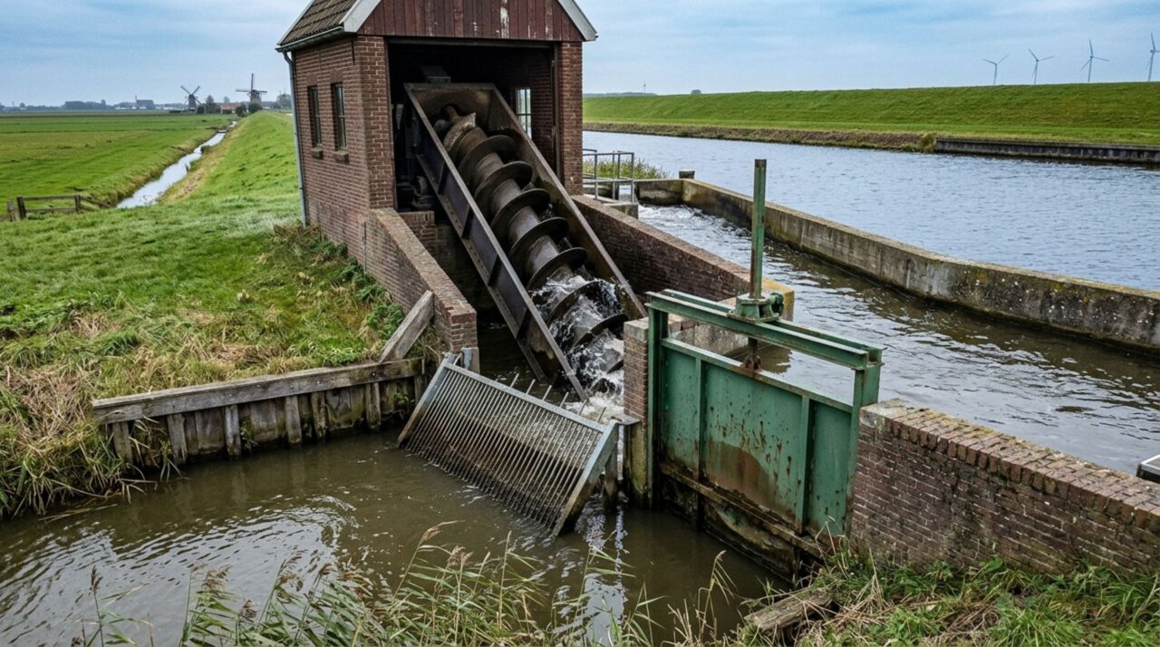 As bombas retiram a água acumulada nos níveis baixos do polder e a transferem para canais superiores antes de sua descarga para fora do sistema