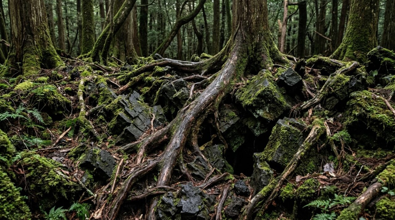 Raízes expostas, fendas e blocos de lava tornam o terreno de Aokigahara muito mais irregular do que a superfície da floresta aparenta