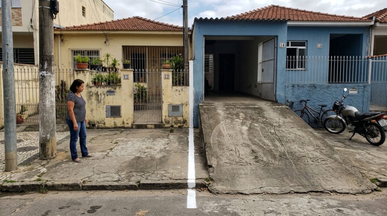 Proprietário volta de viagem e encontra rampa de garagem avançando sobre seu lote, mas vizinho tenta negociar a faixa ocupada