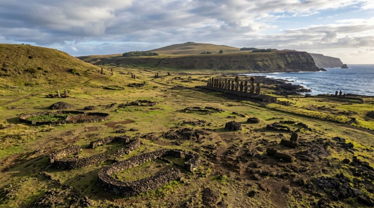 No meio do Pacífico, uma pequena ilha guarda quase mil estátuas de pedra e centenas de plataformas cerimoniais, mas também possui cavernas, petroglifos e antigas aldeias que mostram que sua história é muito mais complexa do que as enormes figuras visíveis na paisagem