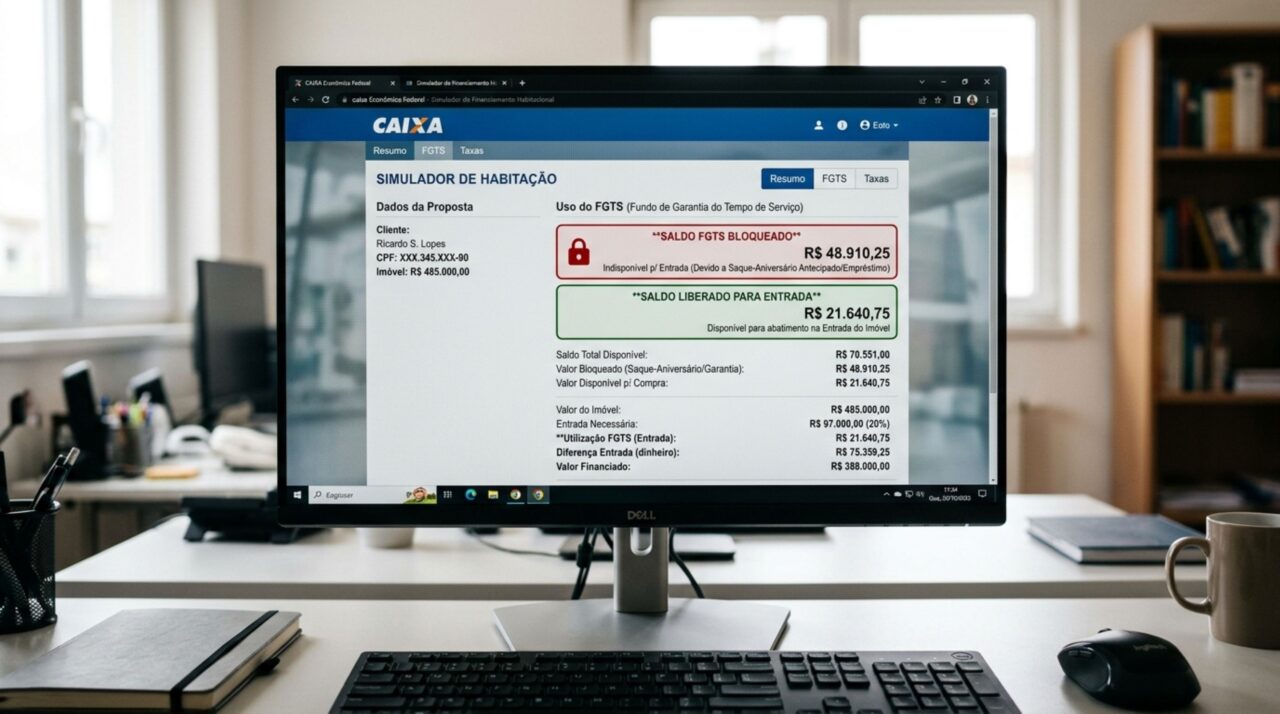 Trabalhador planeja usar o FGTS na entrada do imóvel achando que todo o saldo apareceria disponível, mas quando faz a simulação descobre que a parte dada em garantia não pode ser movimentada