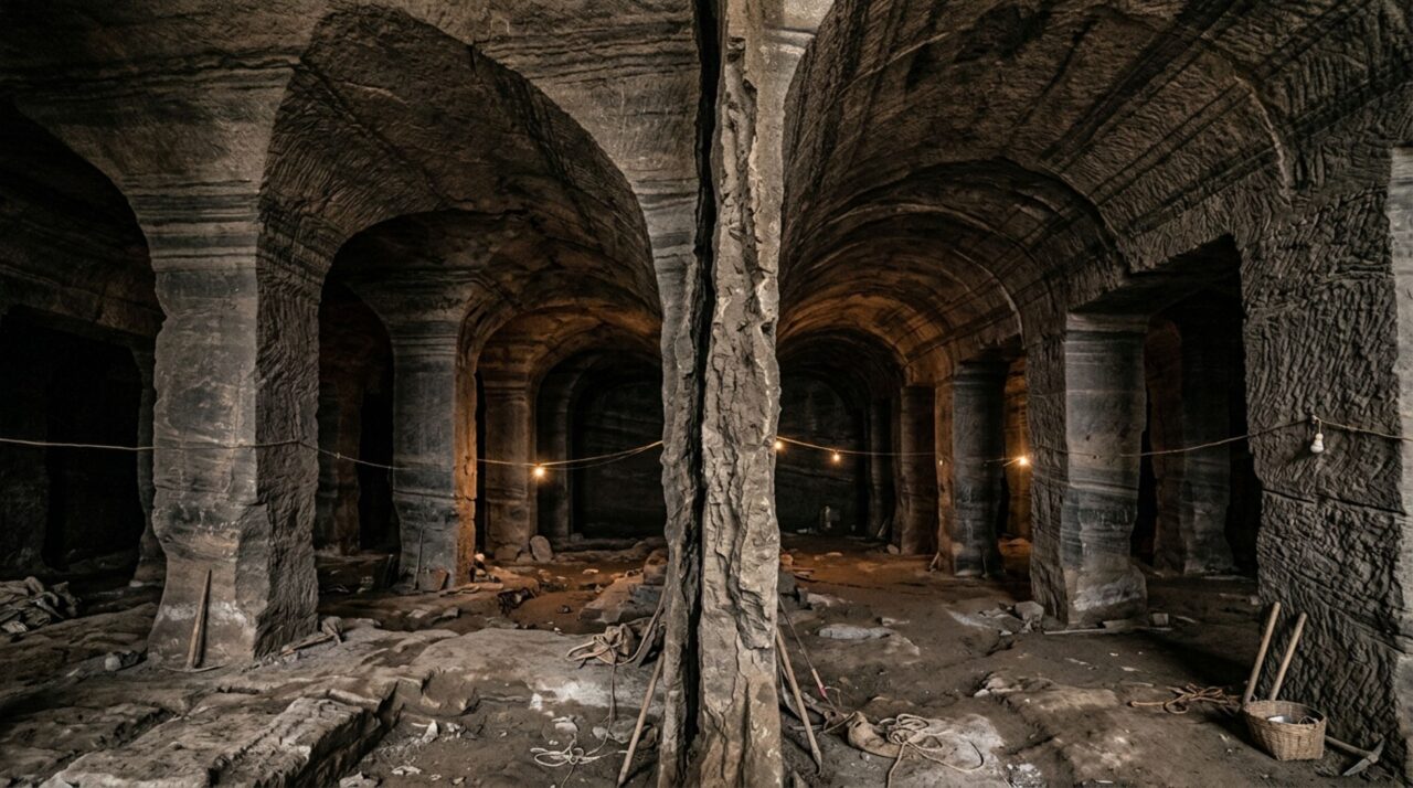 A pequena espessura entre câmaras vizinhas das Cavernas de Longyou revela um planejamento cuidadoso para escavar grandes espaços sem romper acidentalmente as paredes intermediárias