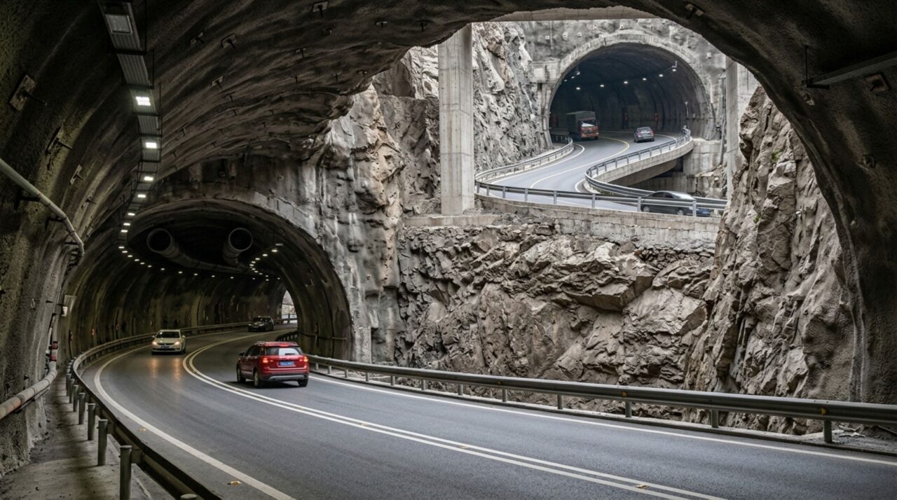 A trajetória curva e inclinada permite que diferentes trechos do túnel se cruzem em alturas distintas enquanto o veículo sobe gradualmente