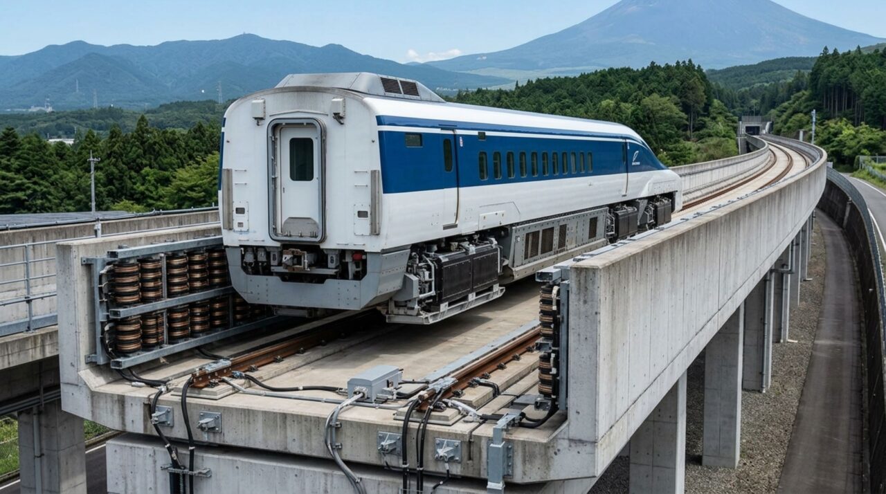 A imagem destaca como os ímãs supercondutores do SCMaglev interagem com as bobinas da guia para gerar levitação, orientação lateral e propulsão por motor linear