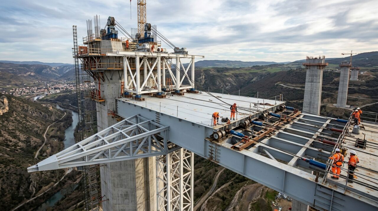 A construção do Viaduto de Millau utilizou lançamentos sucessivos do tabuleiro metálico a partir das extremidades até o encontro das duas partes sobre o vale