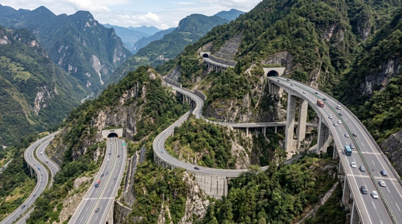 Os trechos helicoidais da Yaxi Expressway alongam o percurso dentro e ao redor da montanha para vencer grandes desníveis sem criar inclinações excessivas