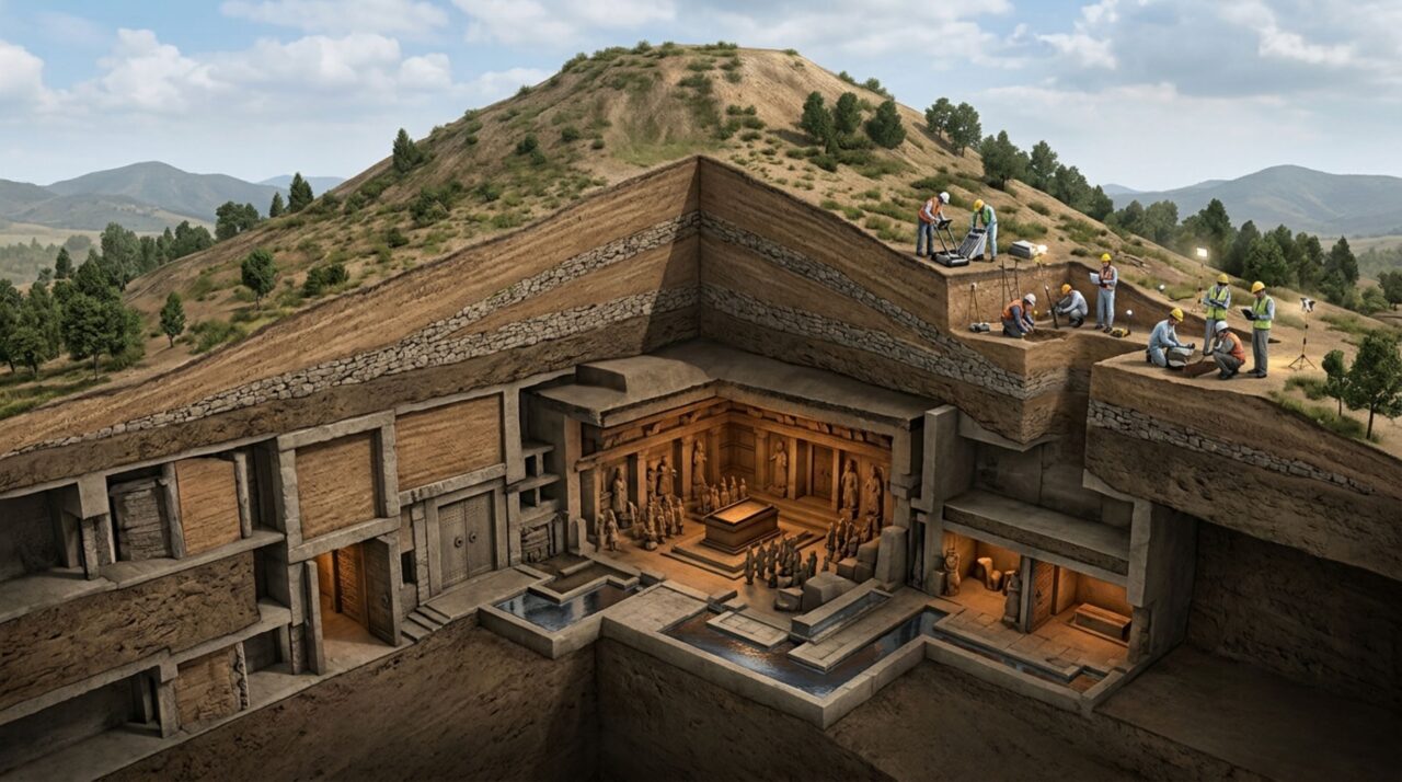 No Mausoléu de Qin Shi Huang, anomalias de mercúrio reforçam um relato antigo, mas o interior da câmara imperial continua sem confirmação direta
